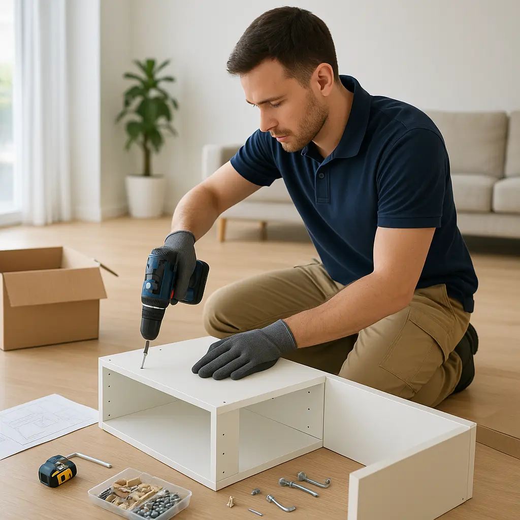 Professioneller Möbelmonteur bei der Arbeit in einer modernen Wohnung
